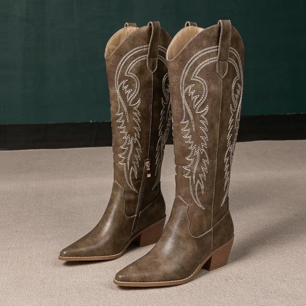 NWOT Women Western Cowboy Boots Knee High Pointed Toe Cowgirl Boots With Zipper - Picture 2 of 5